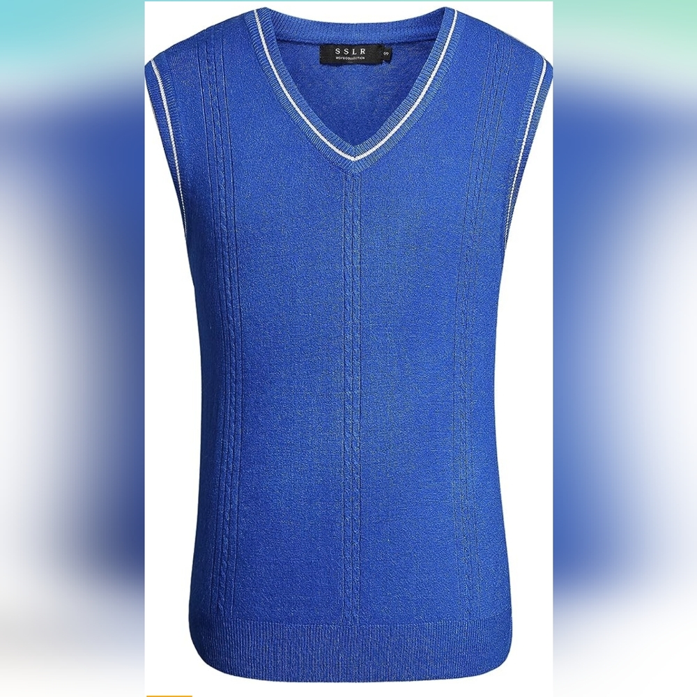 Blue Sweater Vest Knit Pullover Classic Sleeveless V-Neck Solid Fall MENS MEDIUM